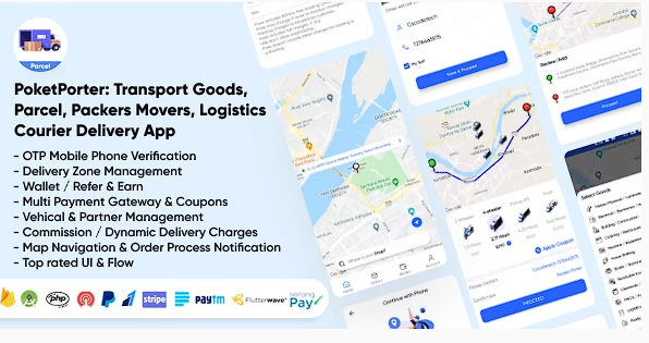 PoketPorter：运输货物、包裹、包装工、物流和快递应用程序完整解决方案源代码