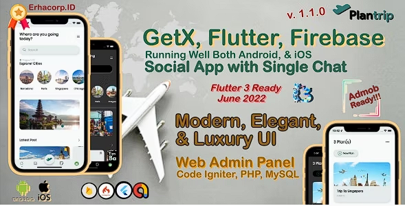 PlanTrip – 社交 Flutter v.3x 完整应用程序与聊天 | 网络管理面板 | 谷歌广告源代码
