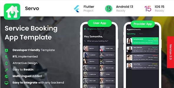 4 应用模板| 主页服务查找器应用程序| 家庭服务提供商应用程序| 服务预订应用程序| 伺服源代码