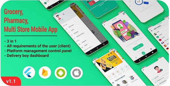 杂货店、药店、带管理面板的多商店移动应用程序源代码