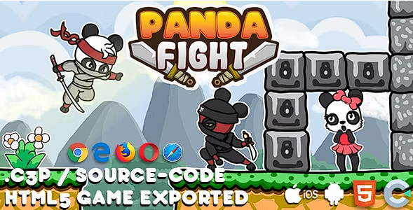 熊猫格斗 HTML5 游戏 – 带有 Construct 3 文件 (.c3p)源代码