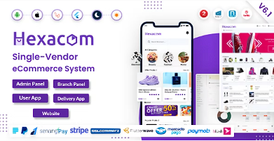 Hexacom 单一供应商电子商务应用程序，带有网站、管理面板和送货员应用程序源代码