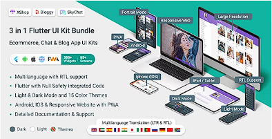 1 个 Flutter Ui Kit Bundle 中的 3 个应用程序（电子商务、聊天和博客）源代码