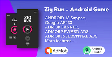 Zig Run 游戏（Android Studio + Admob + 多个角色 + 奖励视频广告）源代码