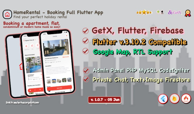 HomeRental 完整的 Flutter 应用程序，带有聊天 Web、管理面板和 GetX源代码