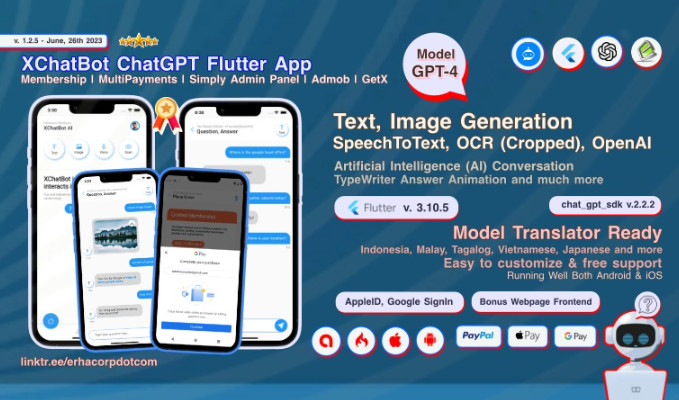 XChatBot ChatGPT GPT 4 OpenAI 具有多种支付功能的完整 Flutter 应用程序 管理面板 Admob GetX源代码